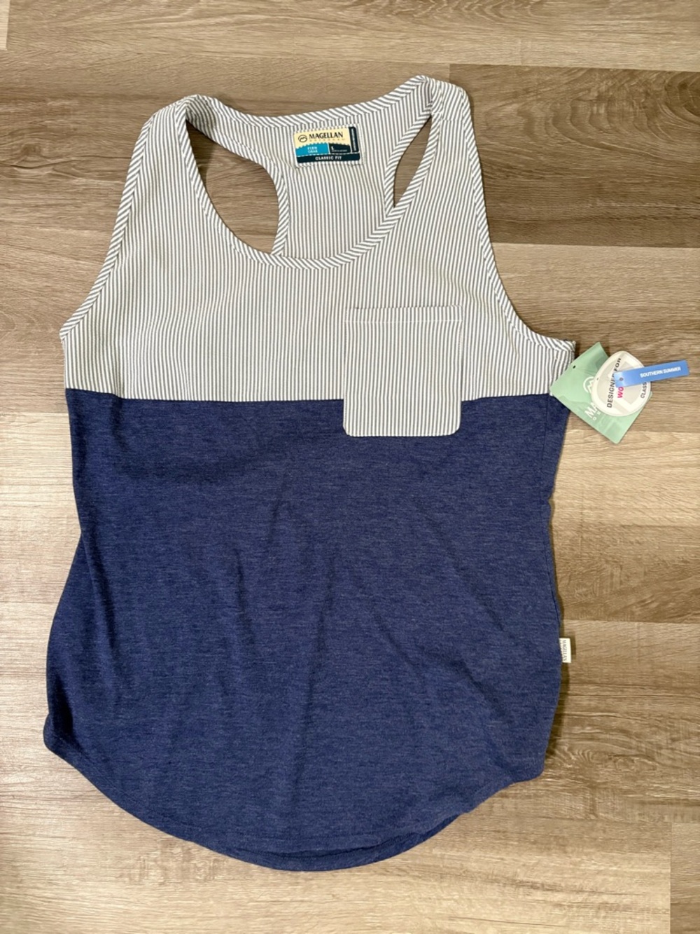 Magellan Outdoors Striped Navy & White Racerback Tank